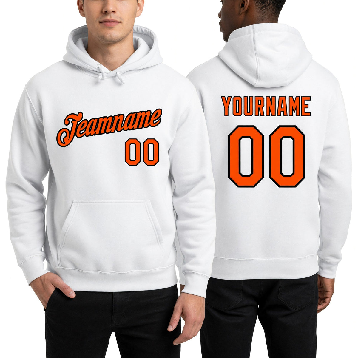 Custom Stitched White Orange-Black Sports Pullover Sweatshirt Hoodie worn front and back