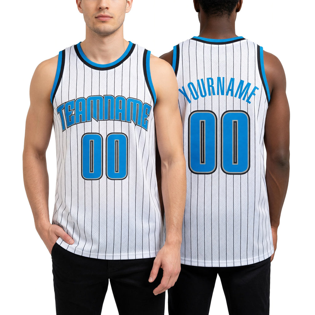 Custom White Black Pinstripe Blue-Gray Authentic Basketball Jersey worn front and back