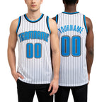 Custom White Black Pinstripe Blue-Gray Authentic Basketball Jersey worn front and back