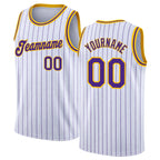 Custom White Purple Pinstripe Purple-Gold Authentic Basketball Jersey