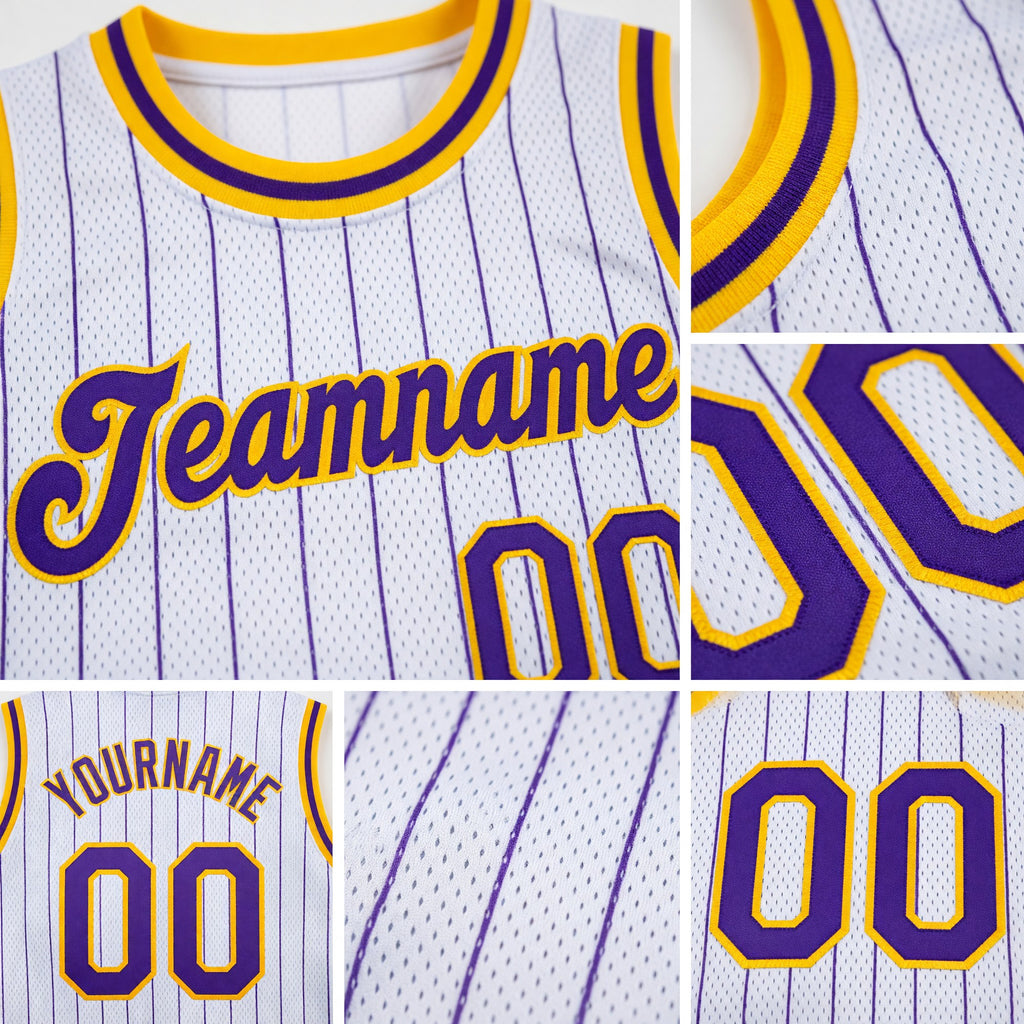 Custom White Purple Pinstripe Purple-Gold Authentic Basketball Jersey detail