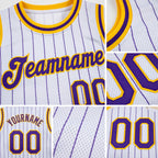 Custom White Purple Pinstripe Purple-Gold Authentic Basketball Jersey detail