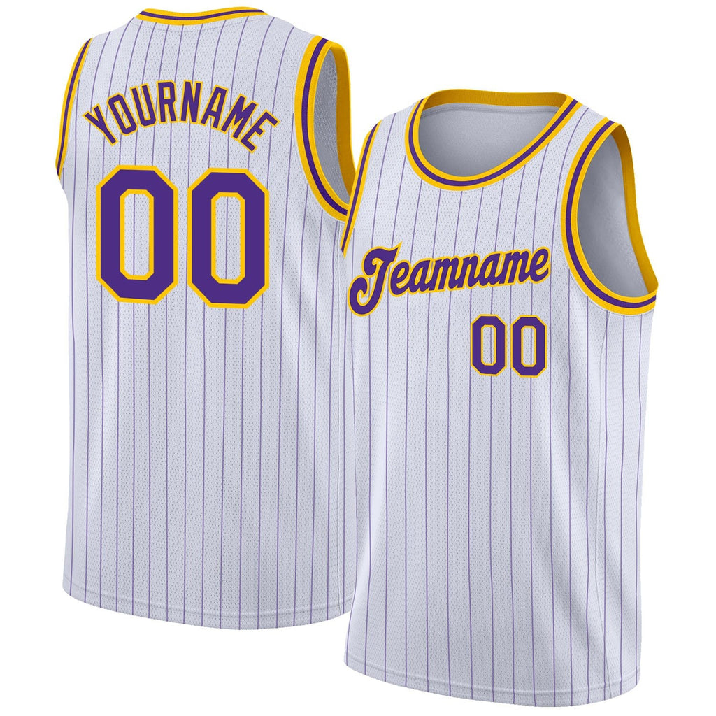 Custom White Purple Pinstripe Purple-Gold Authentic Basketball Jersey photo 1