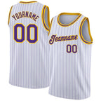 Custom White Purple Pinstripe Purple-Gold Authentic Basketball Jersey photo 1