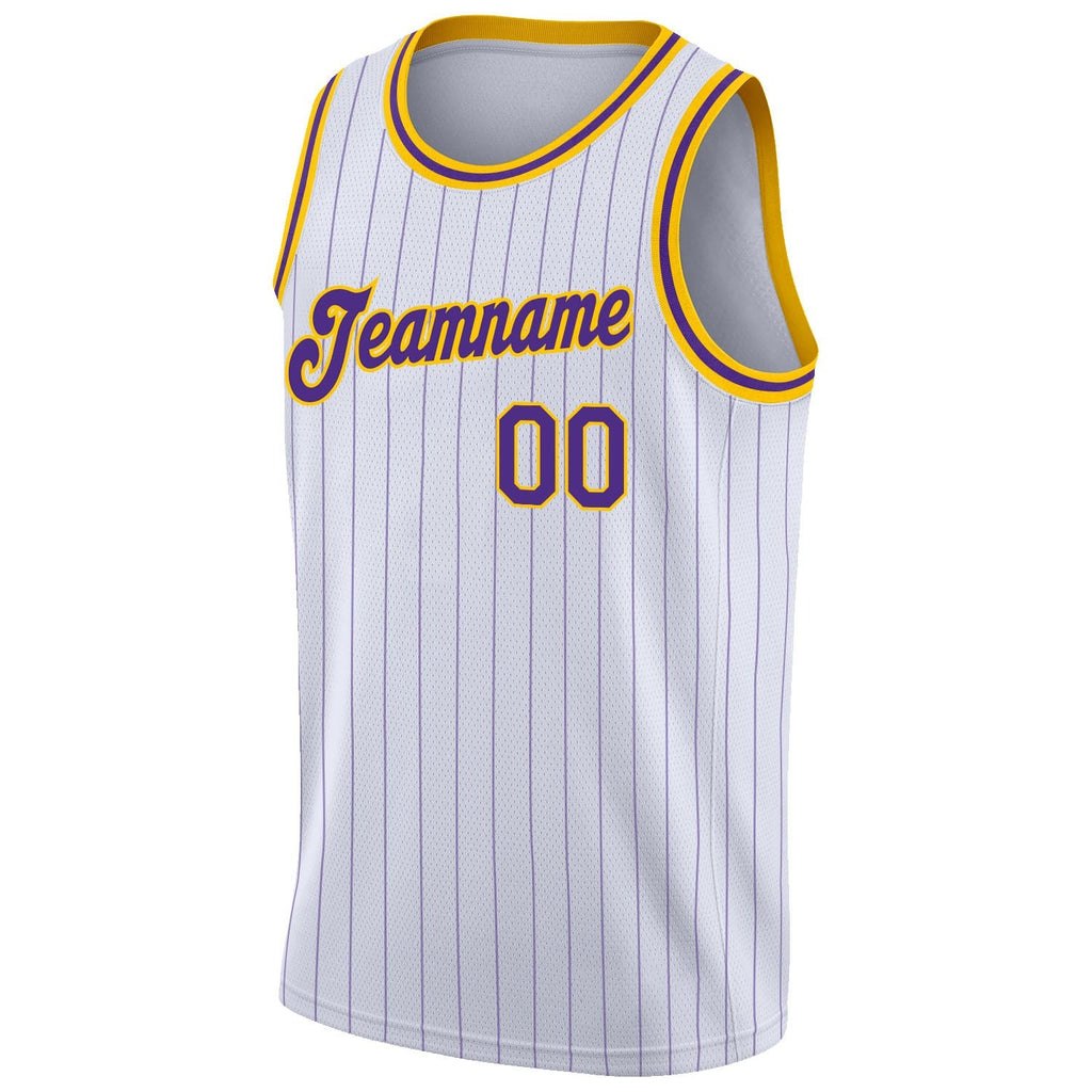 Custom White Purple Pinstripe Purple-Gold Authentic Basketball Jersey photo 4