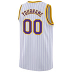 Custom White Purple Pinstripe Purple-Gold Authentic Basketball Jersey photo 5