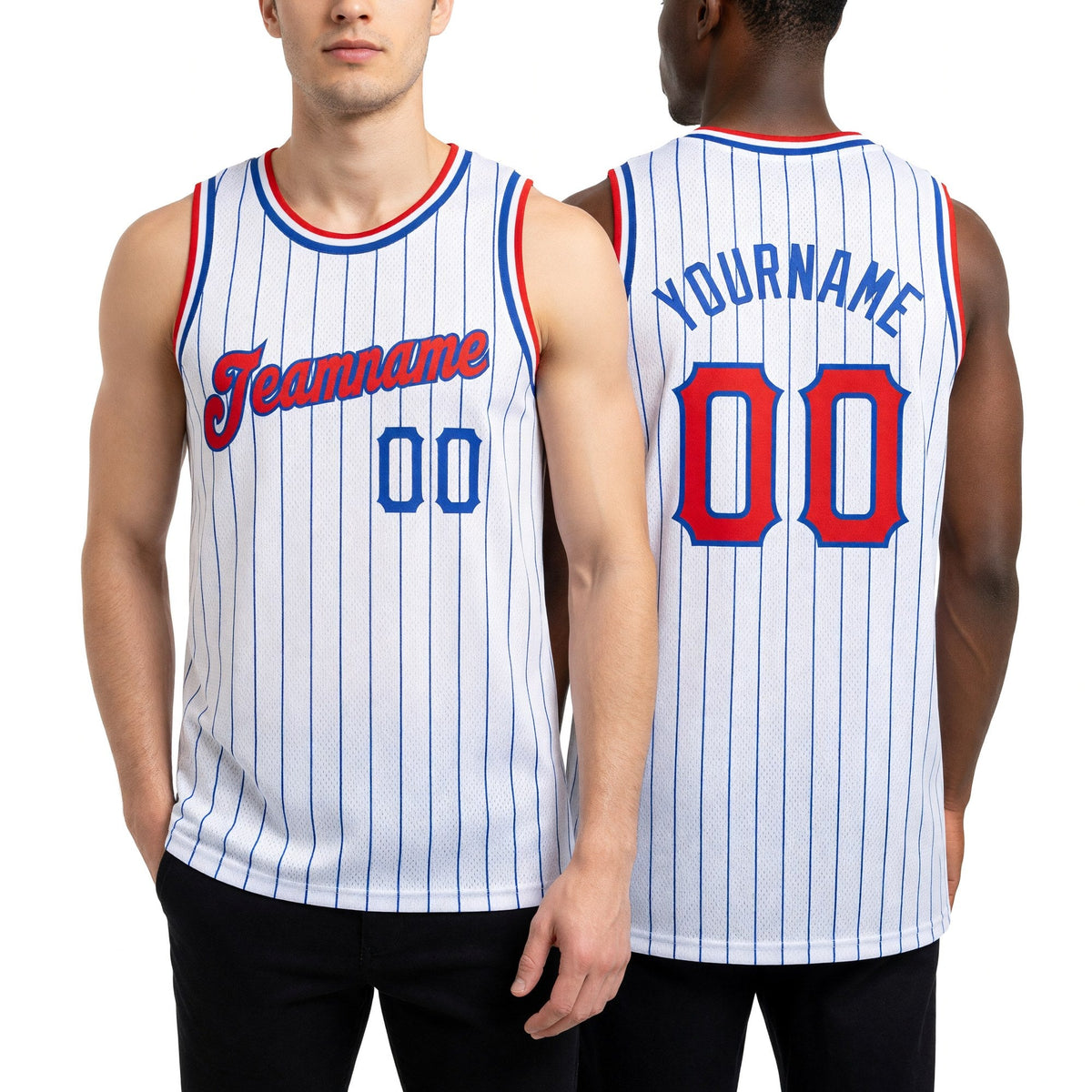 Custom White Royal Pinstripe Red-Royal Authentic Basketball Jersey worn front and back