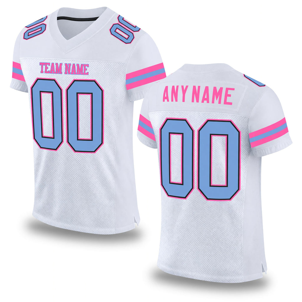 Custom White Light Blue-Pink Mesh Authentic Football Jersey