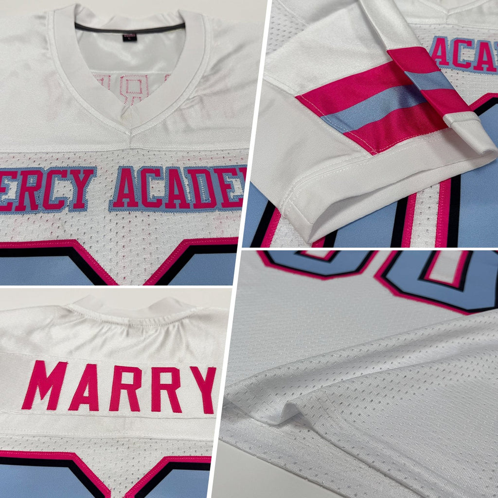 Custom White Light Blue-Pink Mesh Authentic Football Jersey photo 2