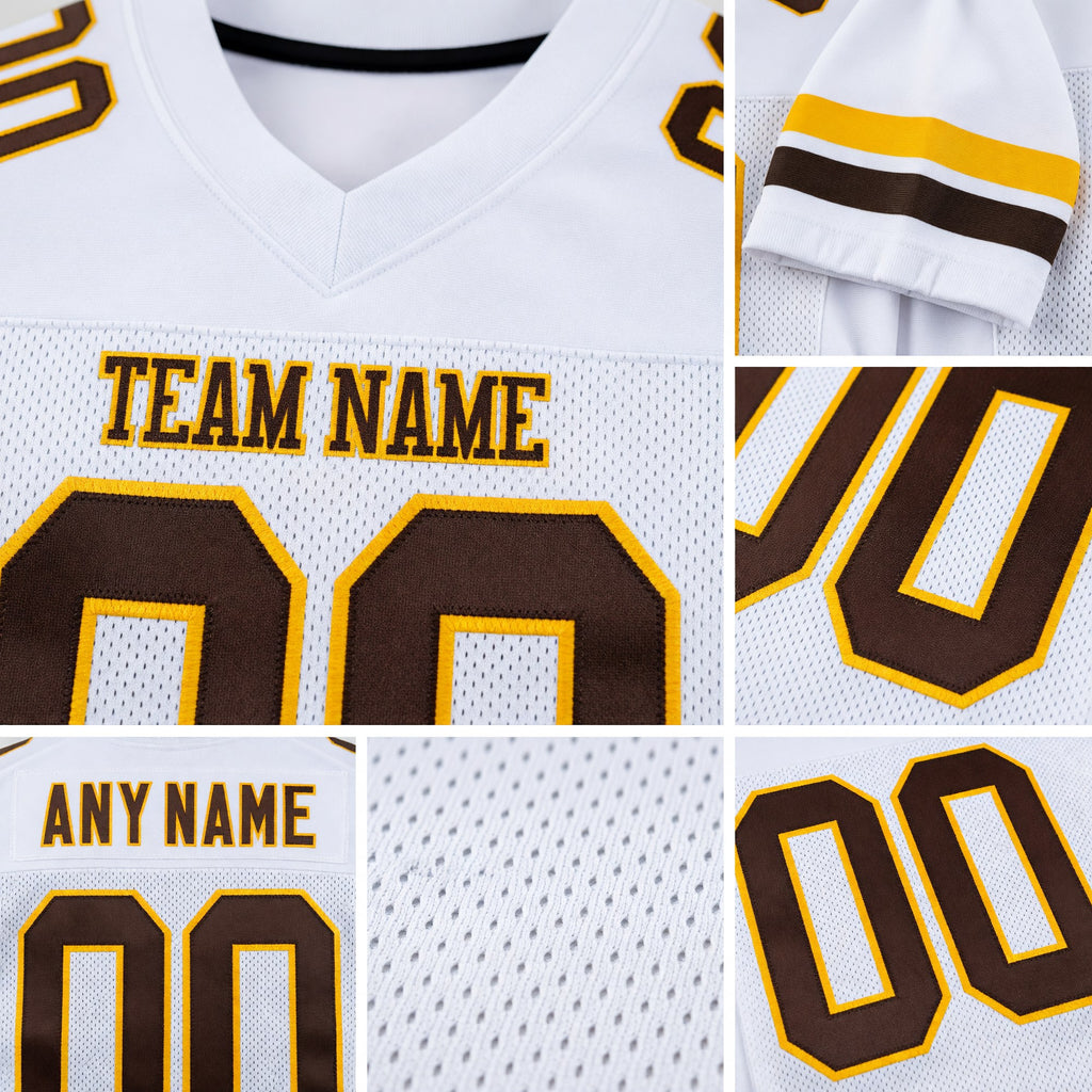 Custom White Brown-Gold Mesh Authentic Football Jersey detail