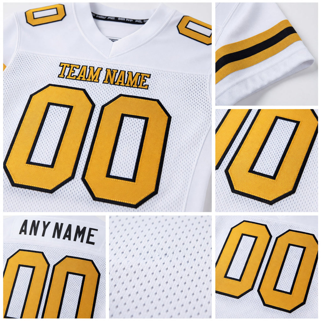 Custom White Old Gold-Black Mesh Authentic Football Jersey detail