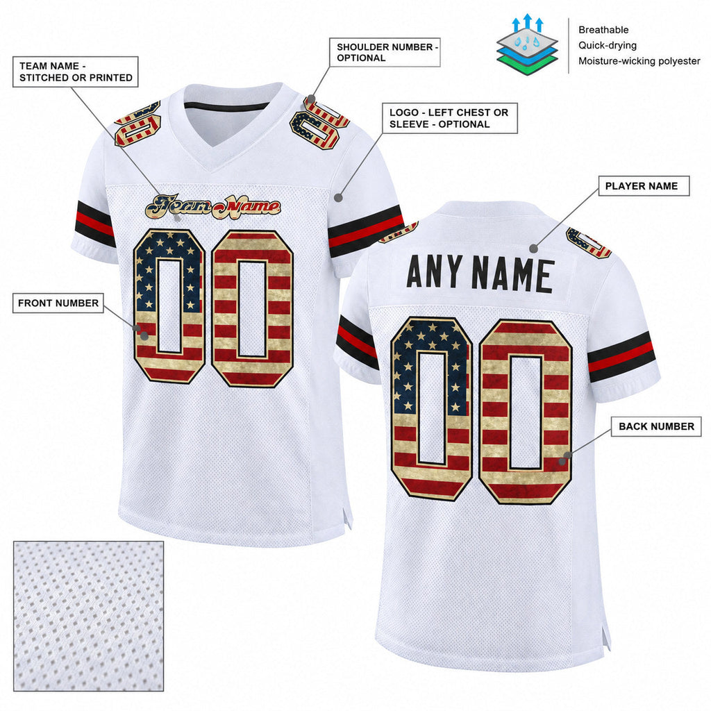 Custom White Vintage USA Flag Mesh Authentic Football Jersey with Black Lettering Design 0618 customization guide