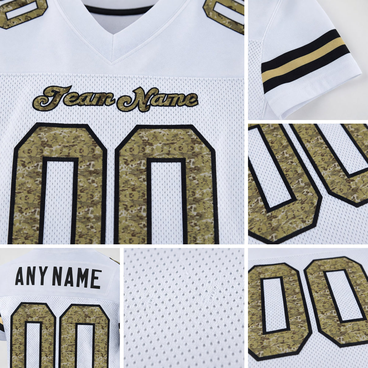 Custom White Camo-Black Mesh Authentic Football Jersey detail