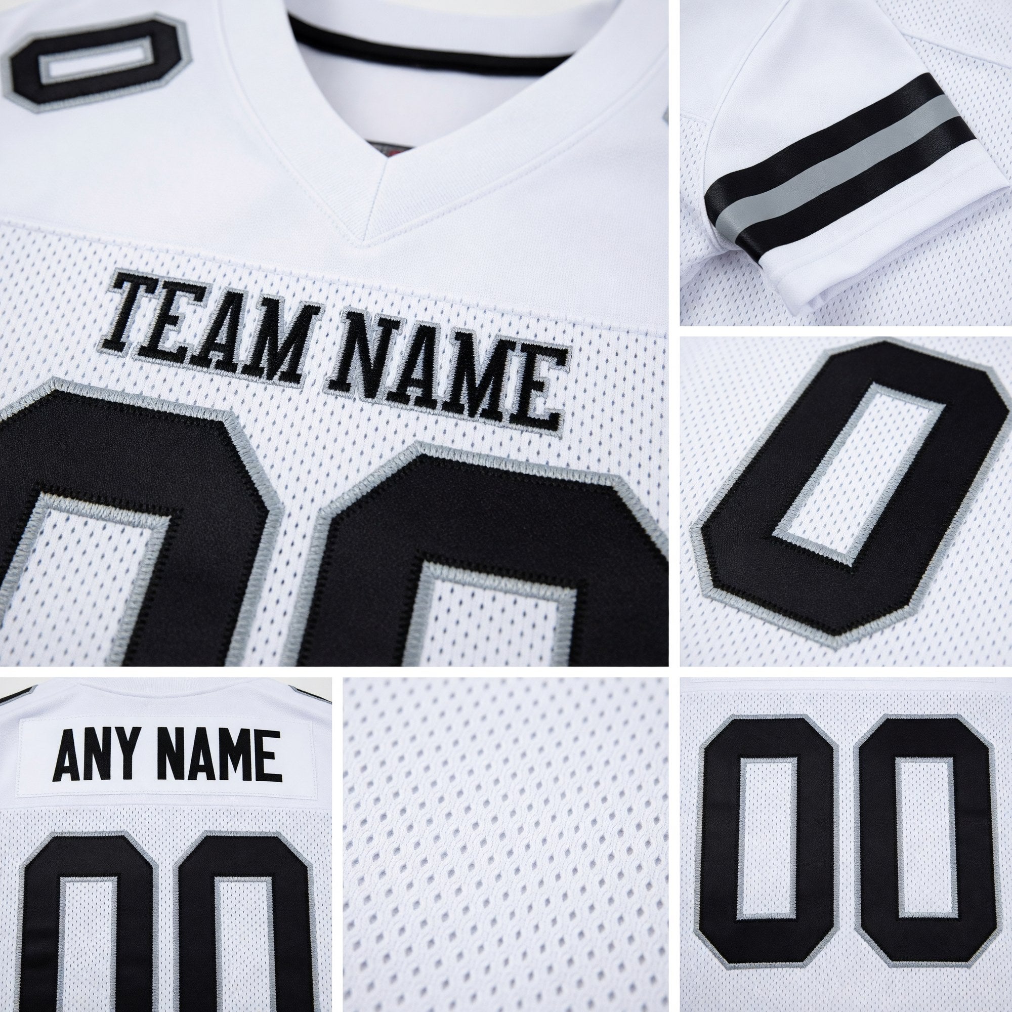 Custom White Black-Gray Mesh Authentic Football Jersey detail