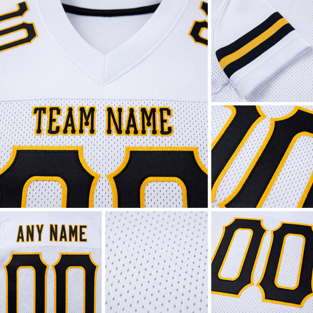 Custom White Black-Gold Mesh Authentic Football Jersey detail