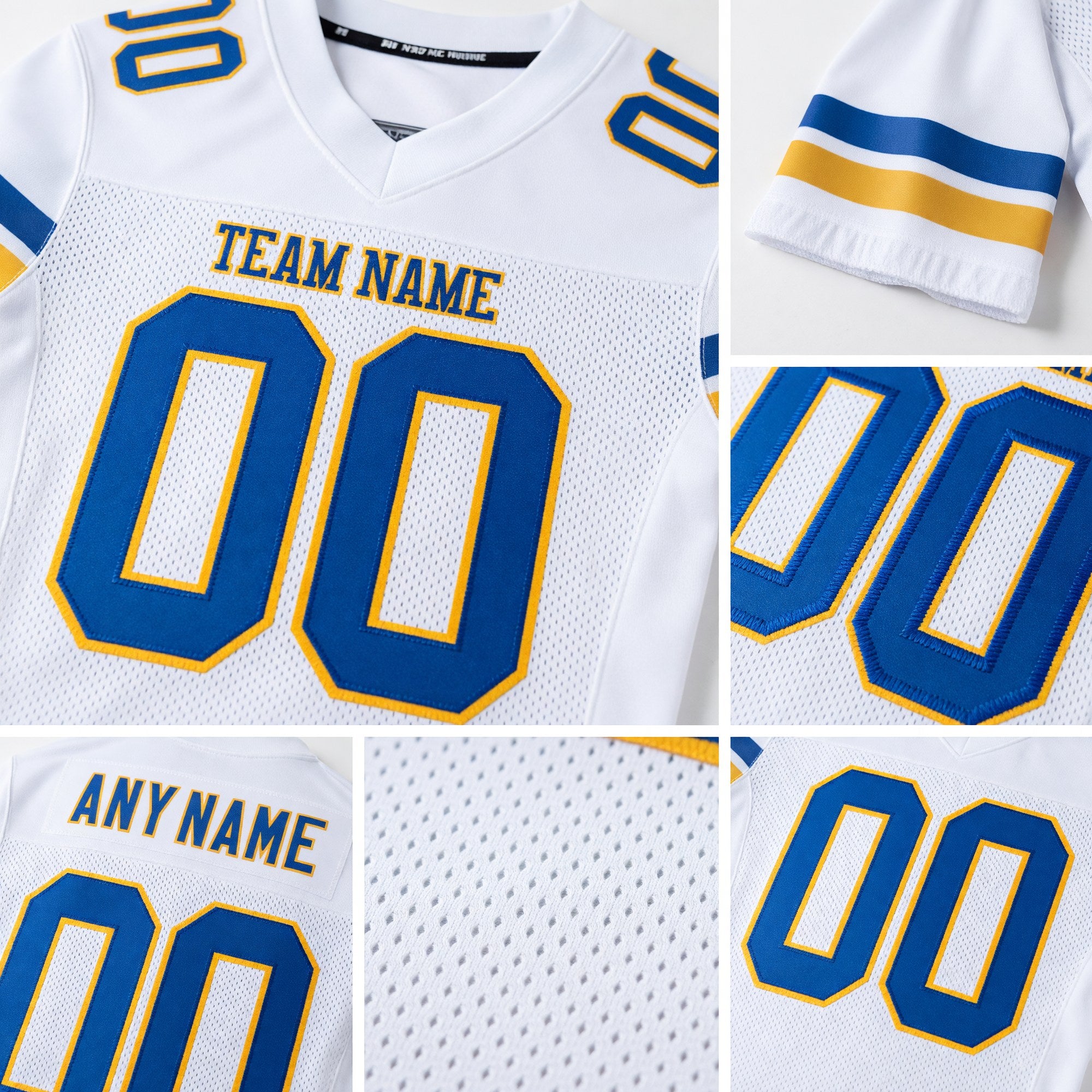 Custom White Royal-Gold Mesh Authentic Football Jersey detail