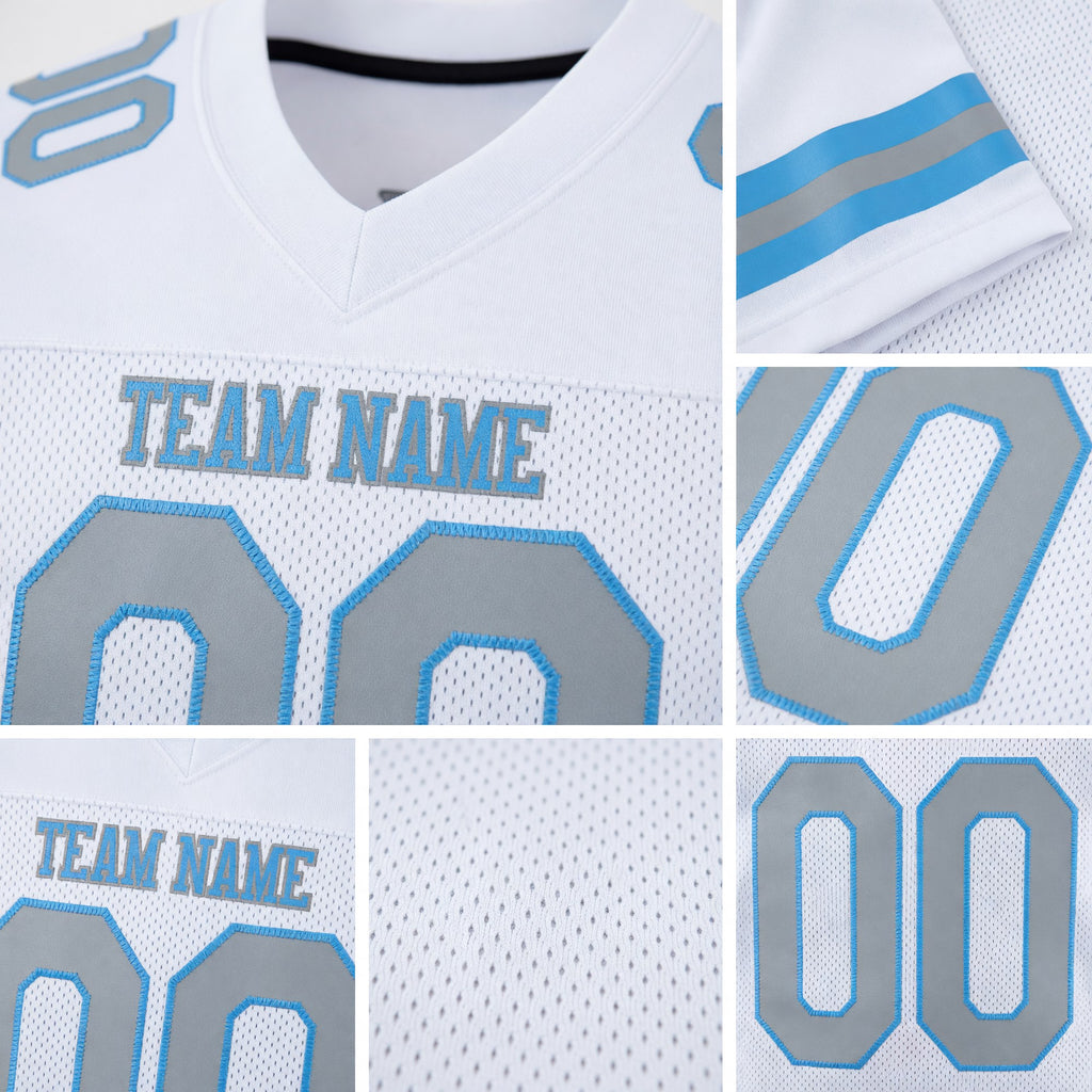 Custom White Gray-Light Blue Mesh Authentic Football Jersey detail