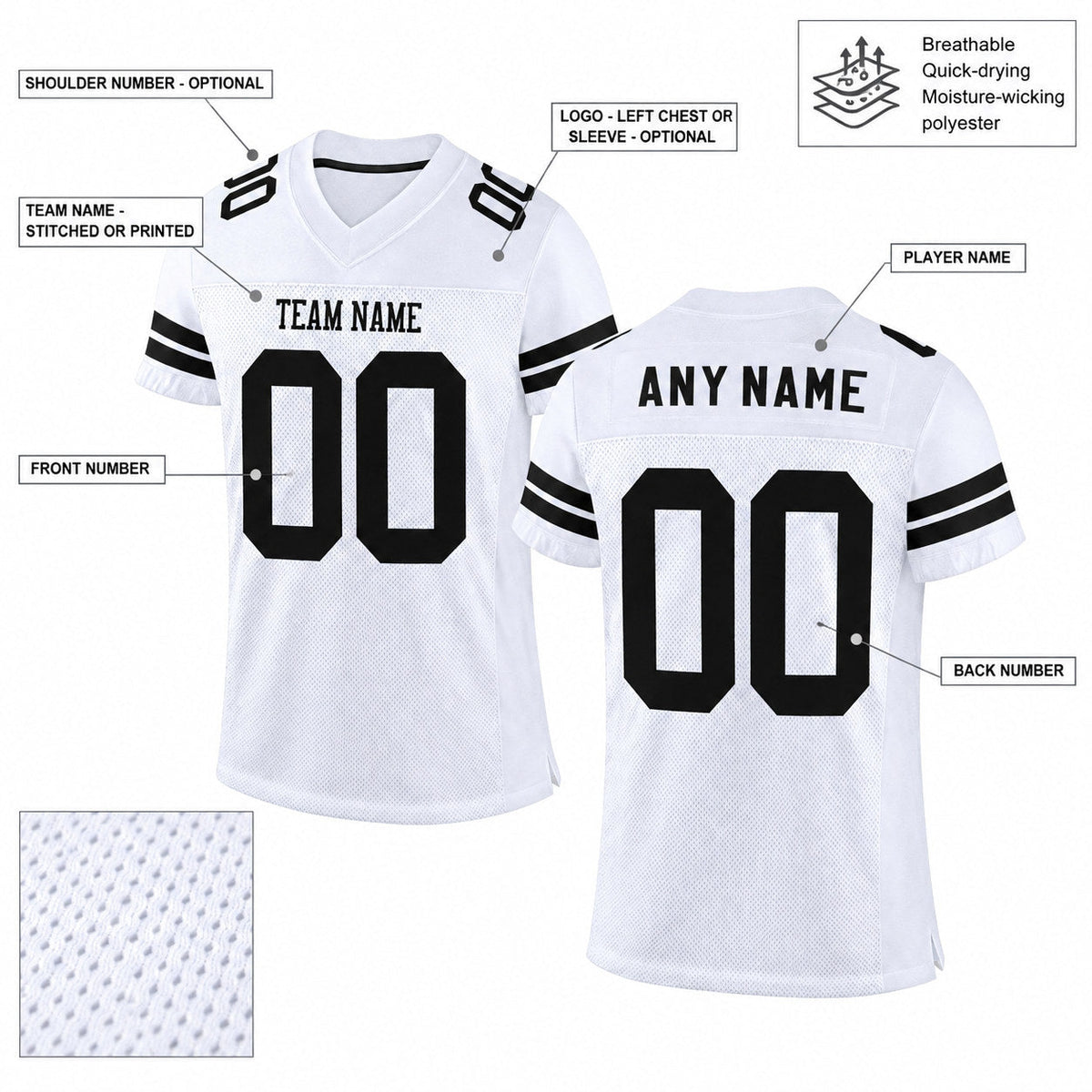 Custom White Mesh Authentic Football Jersey with Black Lettering Design 0635 customization guide
