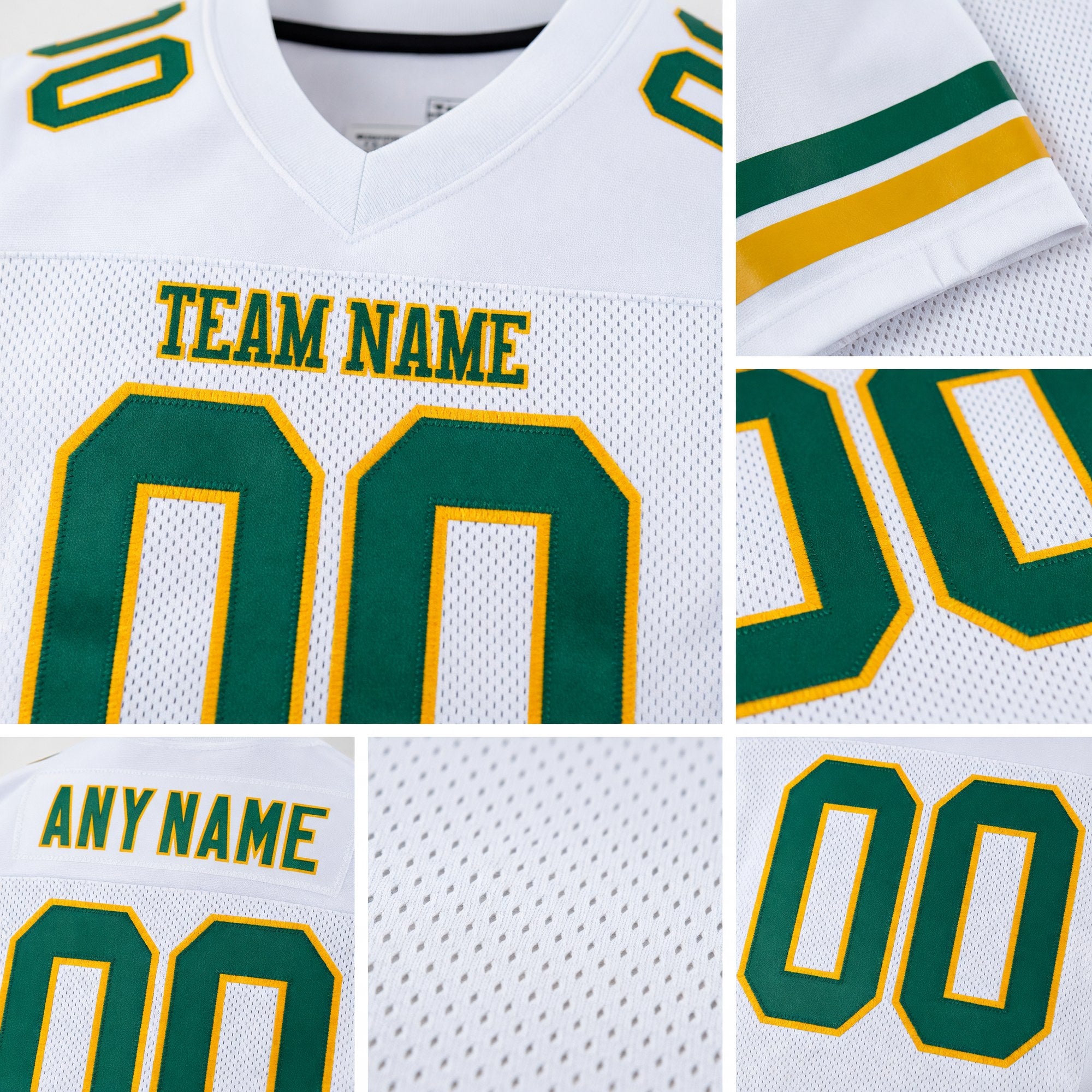 Custom White Kelly Green-Gold Mesh Authentic Football Jersey detail