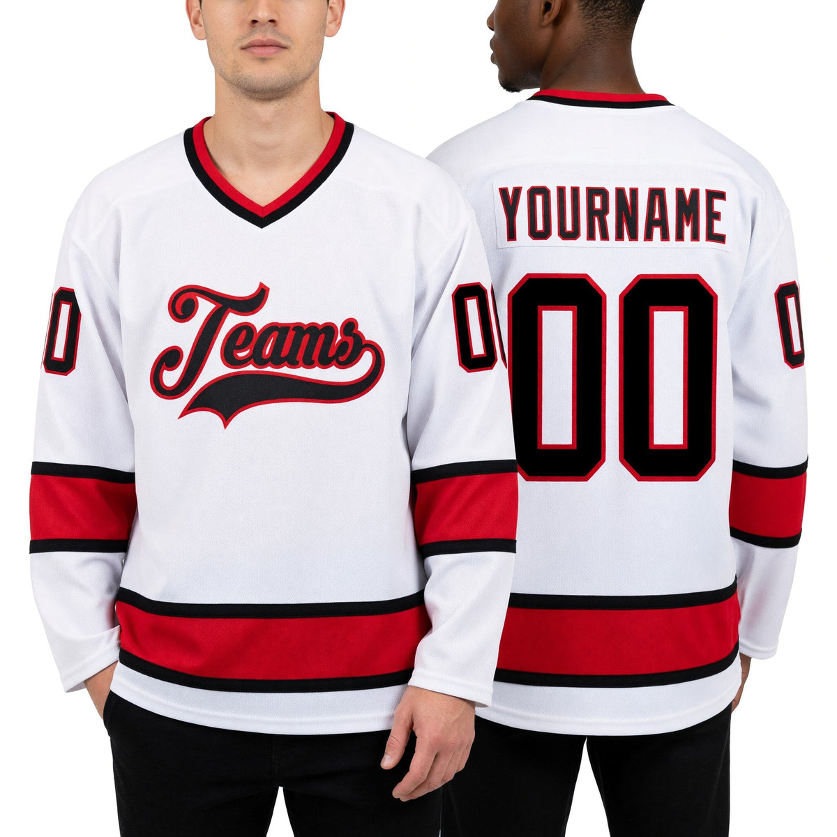 Custom White Black-Red Hockey Jersey worn front and back
