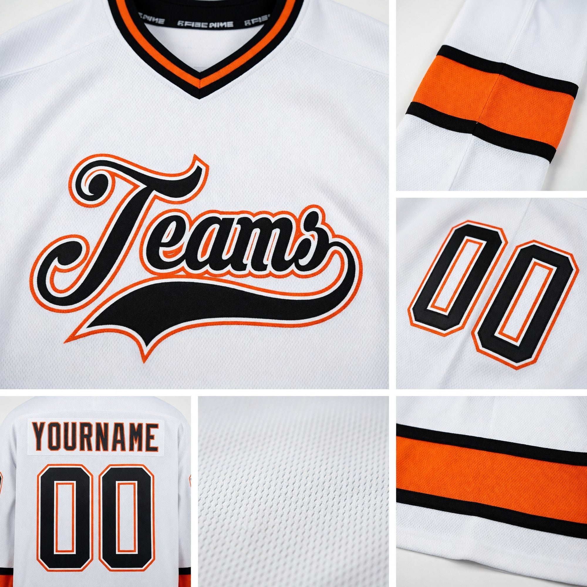 Custom White Black-Orange Hockey Jersey detail
