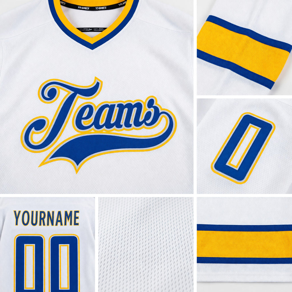 Custom White Royal-Gold Hockey Jersey detail