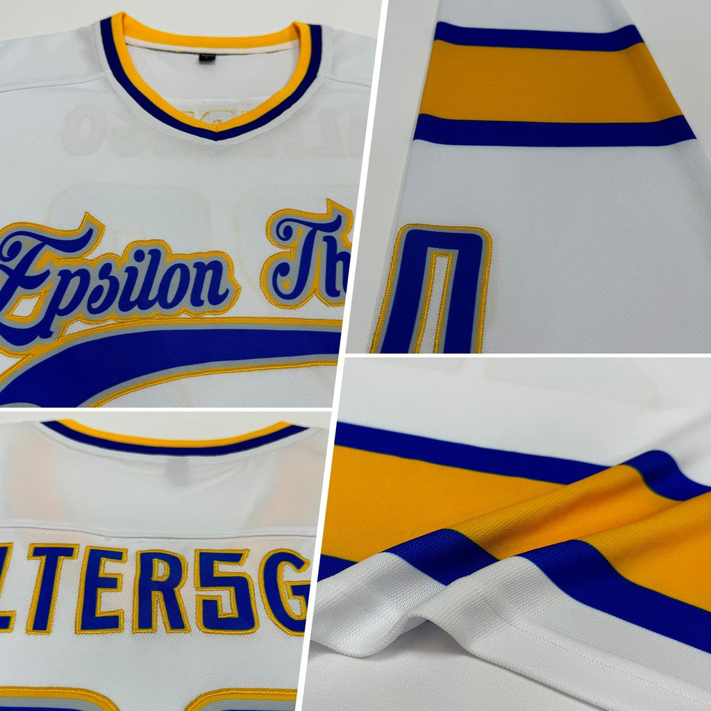 Custom White Royal-Gold Hockey Jersey photo 2