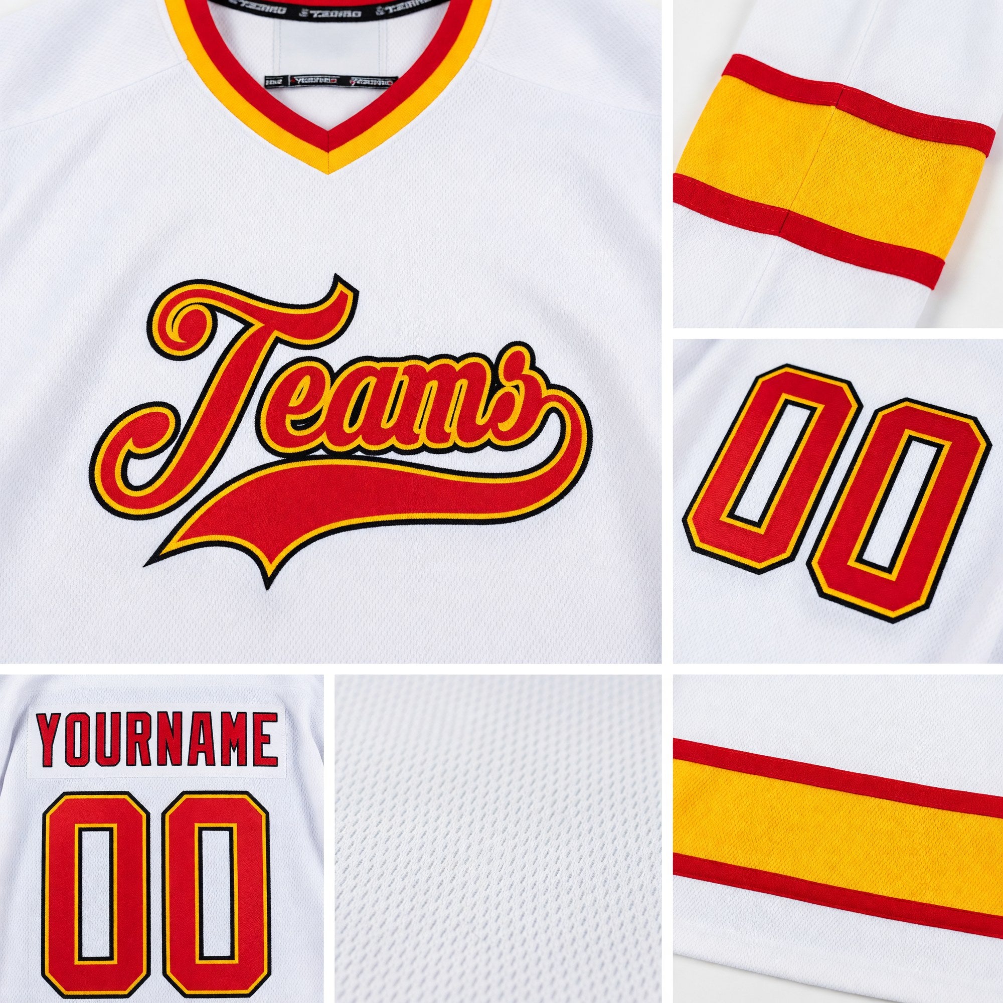 Custom White Red-Gold Hockey Jersey detail