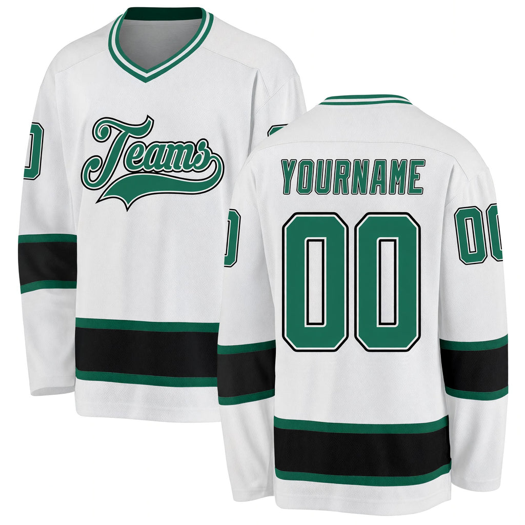 Custom White Kelly Green-Black Hockey Jersey