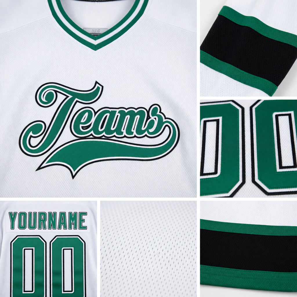 Custom White Kelly Green-Black Hockey Jersey detail