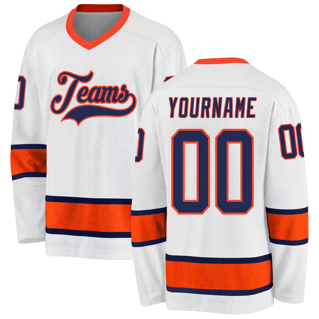 Custom White Navy-Orange Hockey Jersey