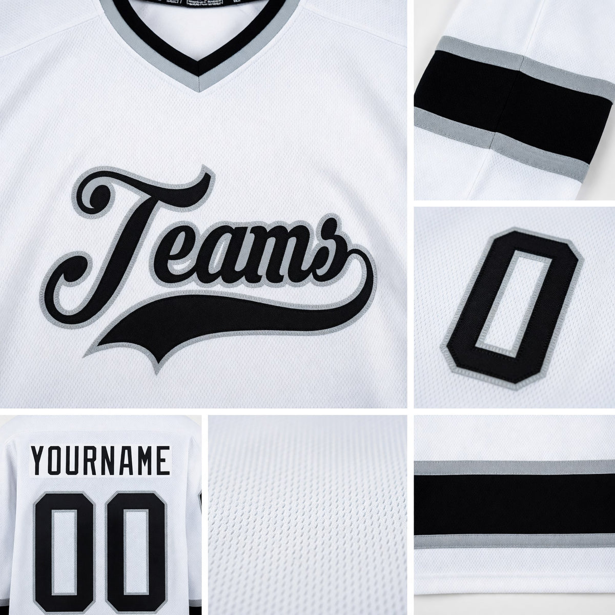 Custom White Black-Gray Hockey Jersey detail