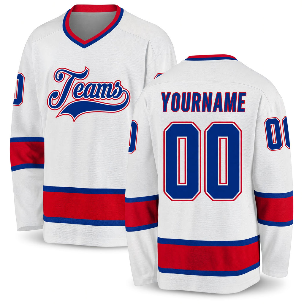 Custom White Royal-Red Hockey Jersey