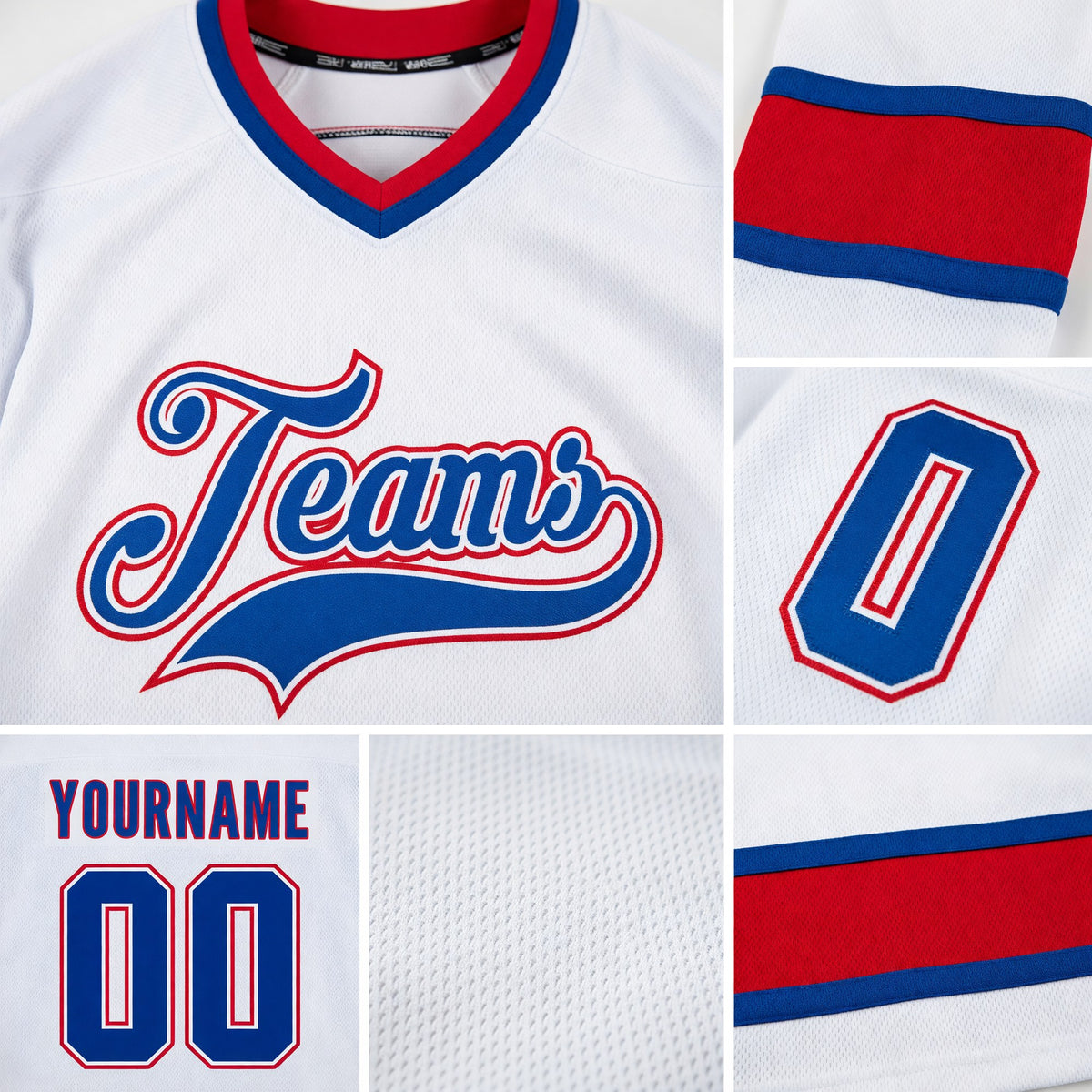 Custom White Royal-Red Hockey Jersey detail