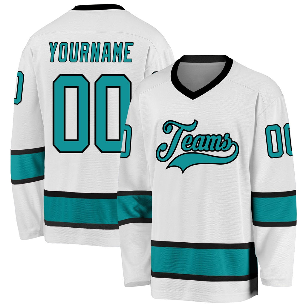 Custom White Aqua-Black Hockey Jersey photo 1