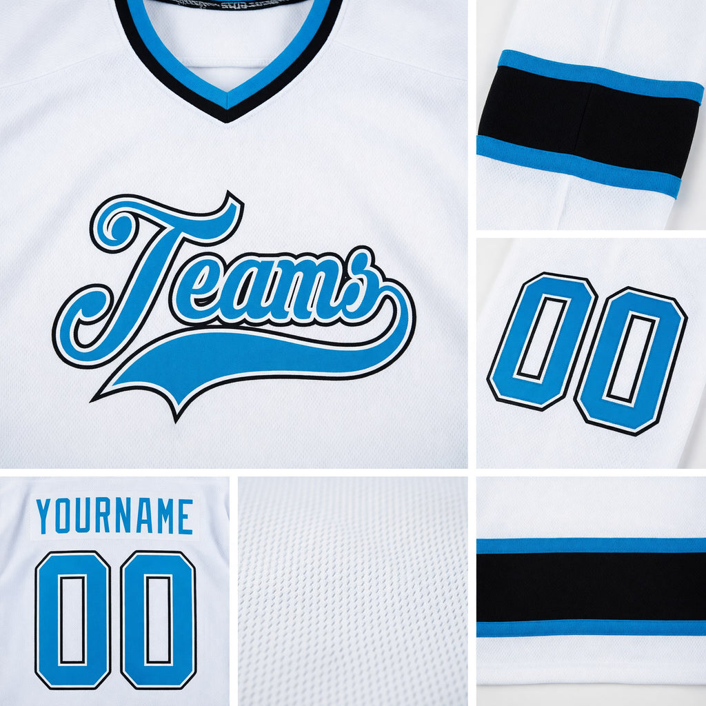 Custom White Blue-Black Hockey Jersey detail