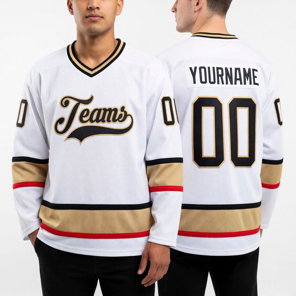 Custom White Steel Gray-Old Gold Hockey Jersey worn front and back