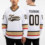 Custom White Steel Gray-Old Gold Hockey Jersey worn front and back