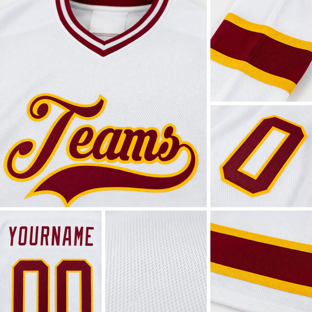 Custom White Maroon-Gold Hockey Jersey detail