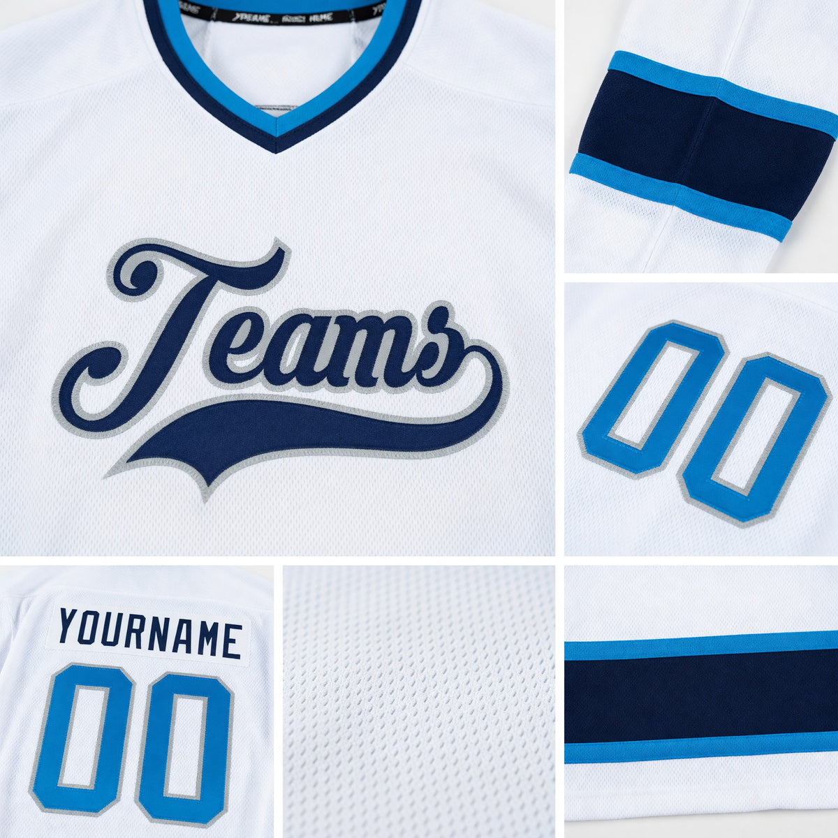 Custom White Blue-Navy Hockey Jersey detail
