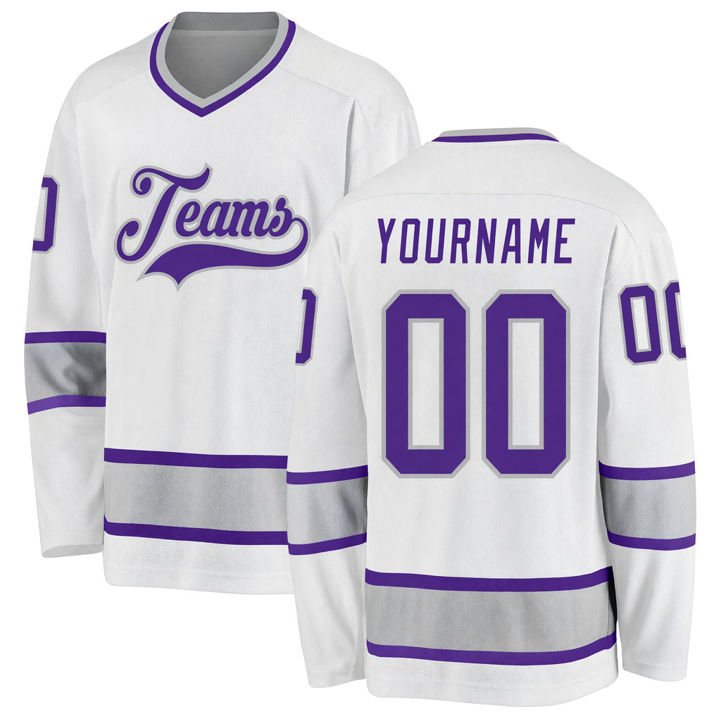 Custom White Purple-Gray Hockey Jersey
