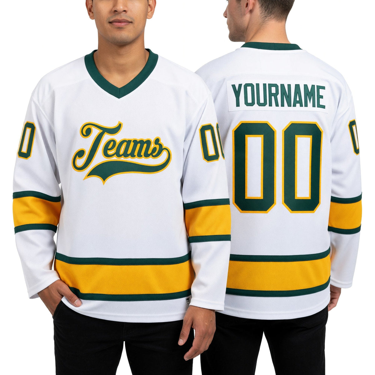 Custom White Green-Gold Hockey Jersey worn front and back