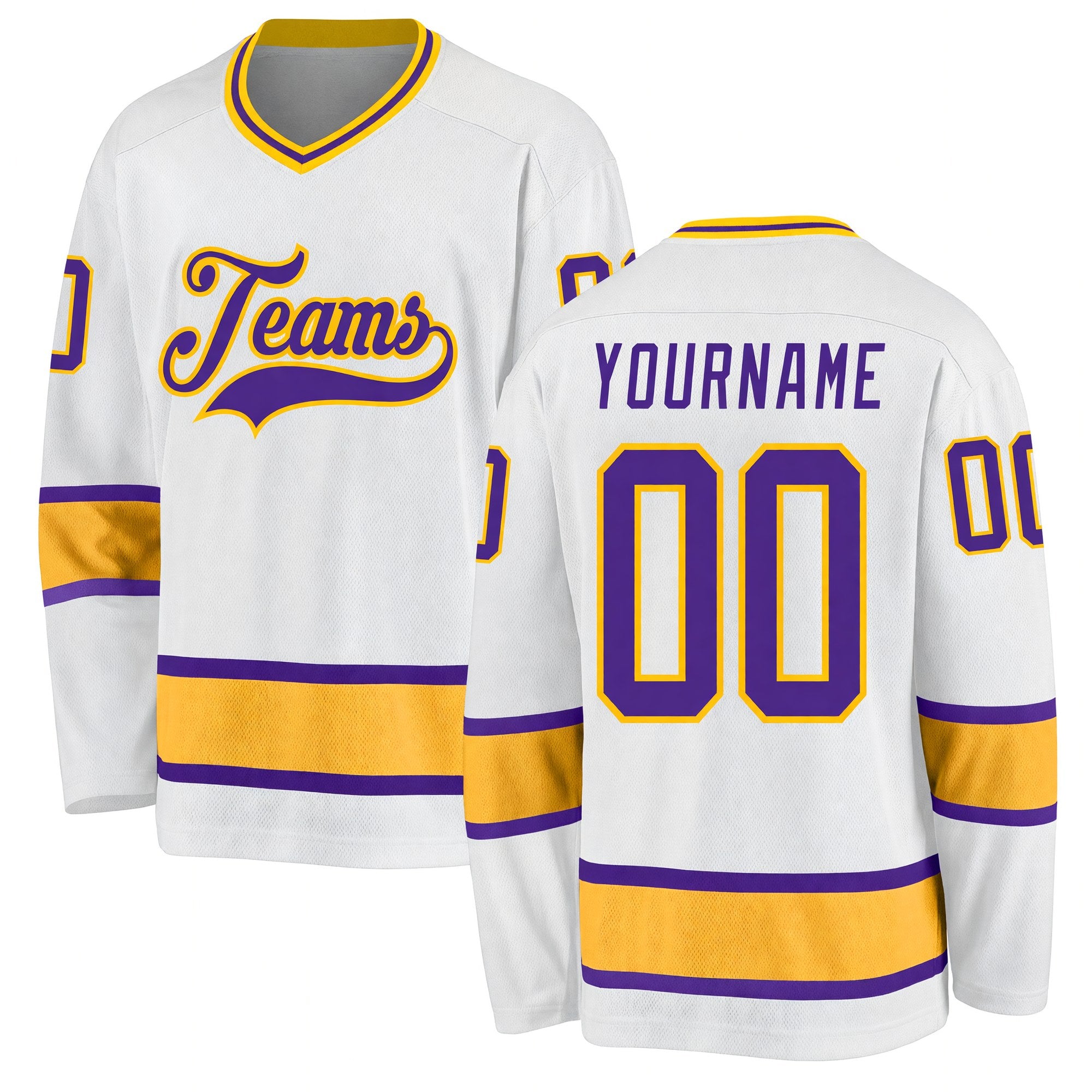 Custom White Purple-Gold Hockey Jersey