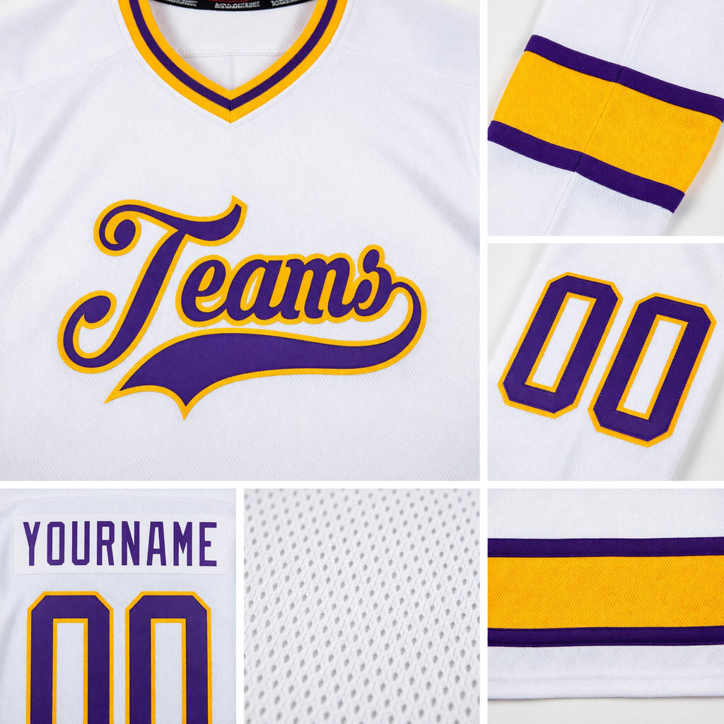 Custom White Purple-Gold Hockey Jersey detail