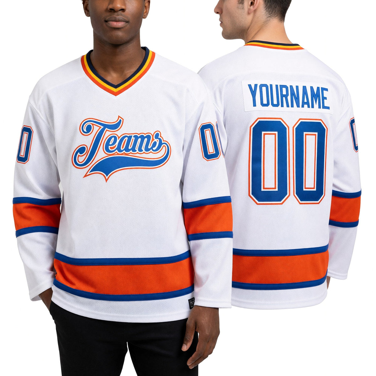 Custom White Blue-Orange Hockey Jersey worn front and back