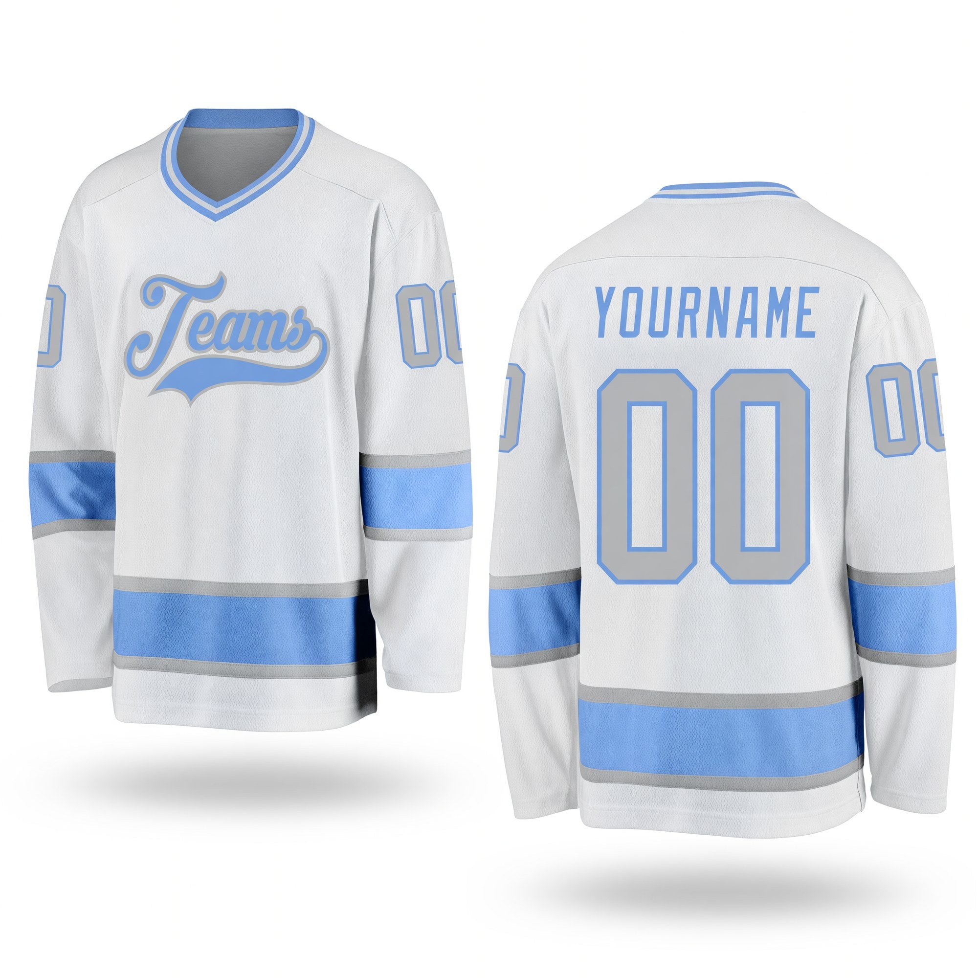 Custom White Gray-Light Blue Hockey Jersey