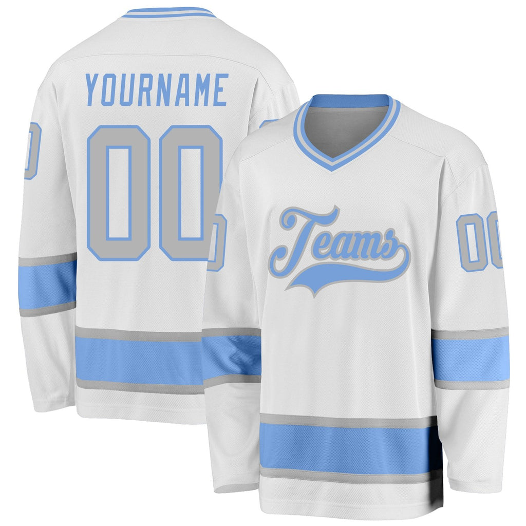 Custom White Gray-Light Blue Hockey Jersey photo 1