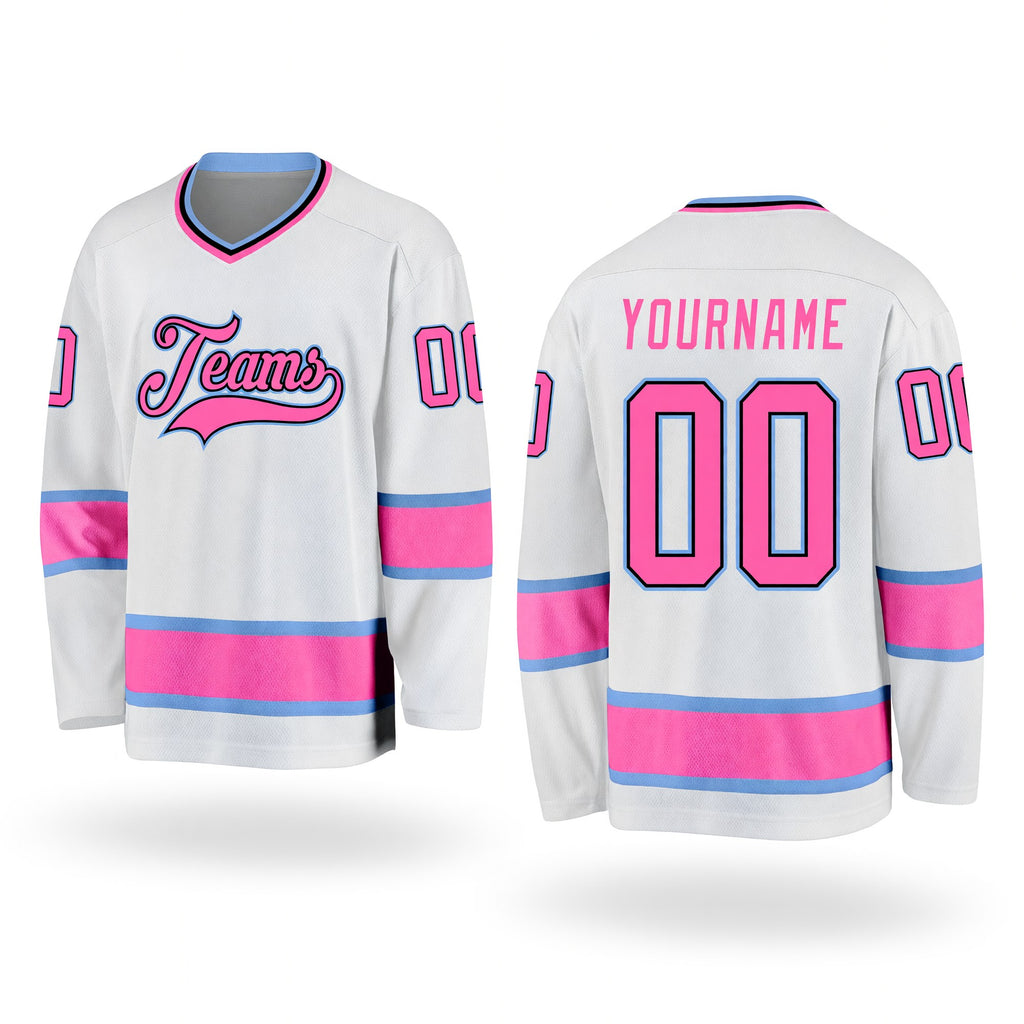 Custom White Pink-Light Blue Hockey Jersey