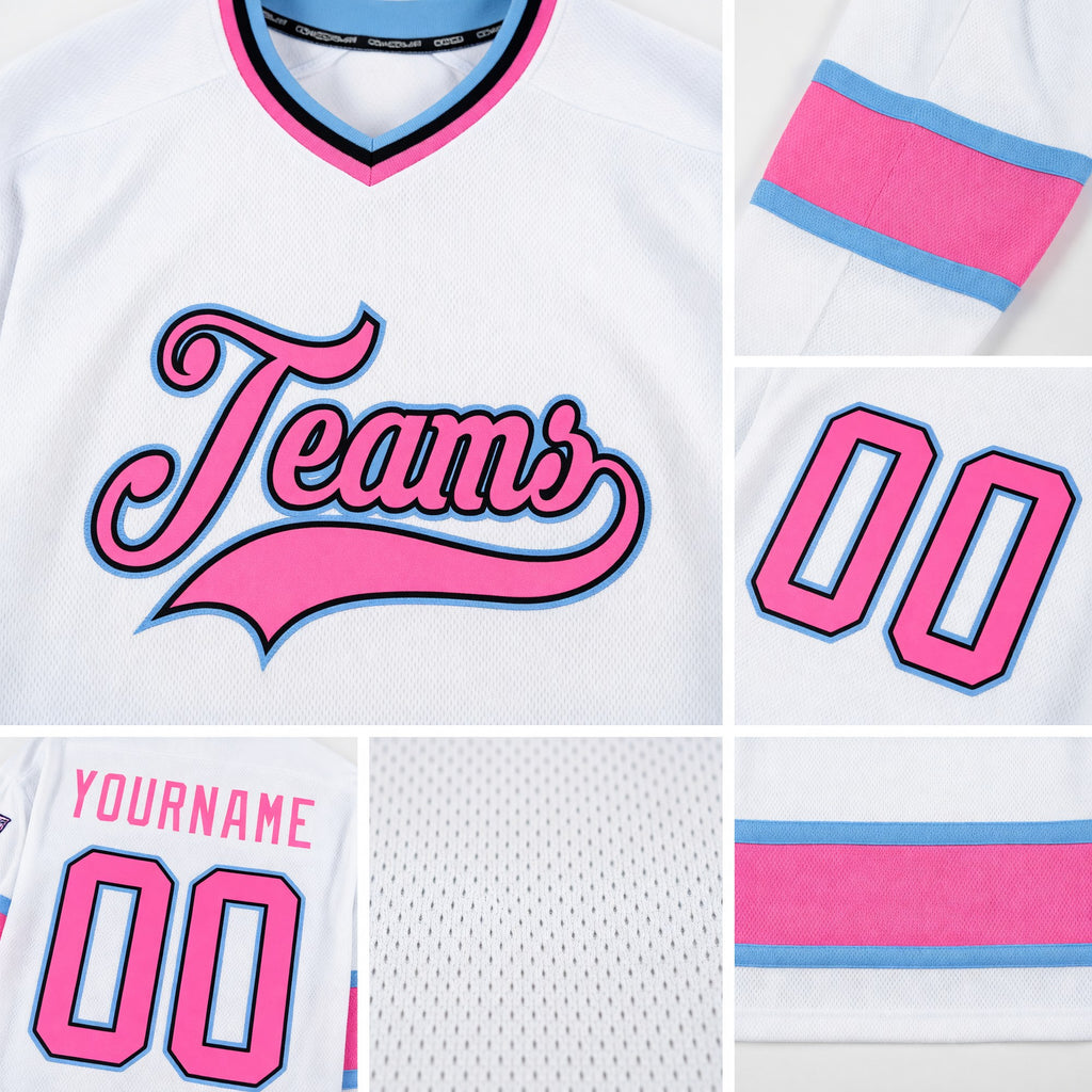 Custom White Pink-Light Blue Hockey Jersey detail