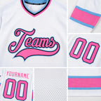 Custom White Pink-Light Blue Hockey Jersey detail